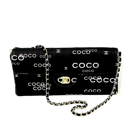 Chanel Canvas Coco Printed Quilted Medium Double Flap Black White