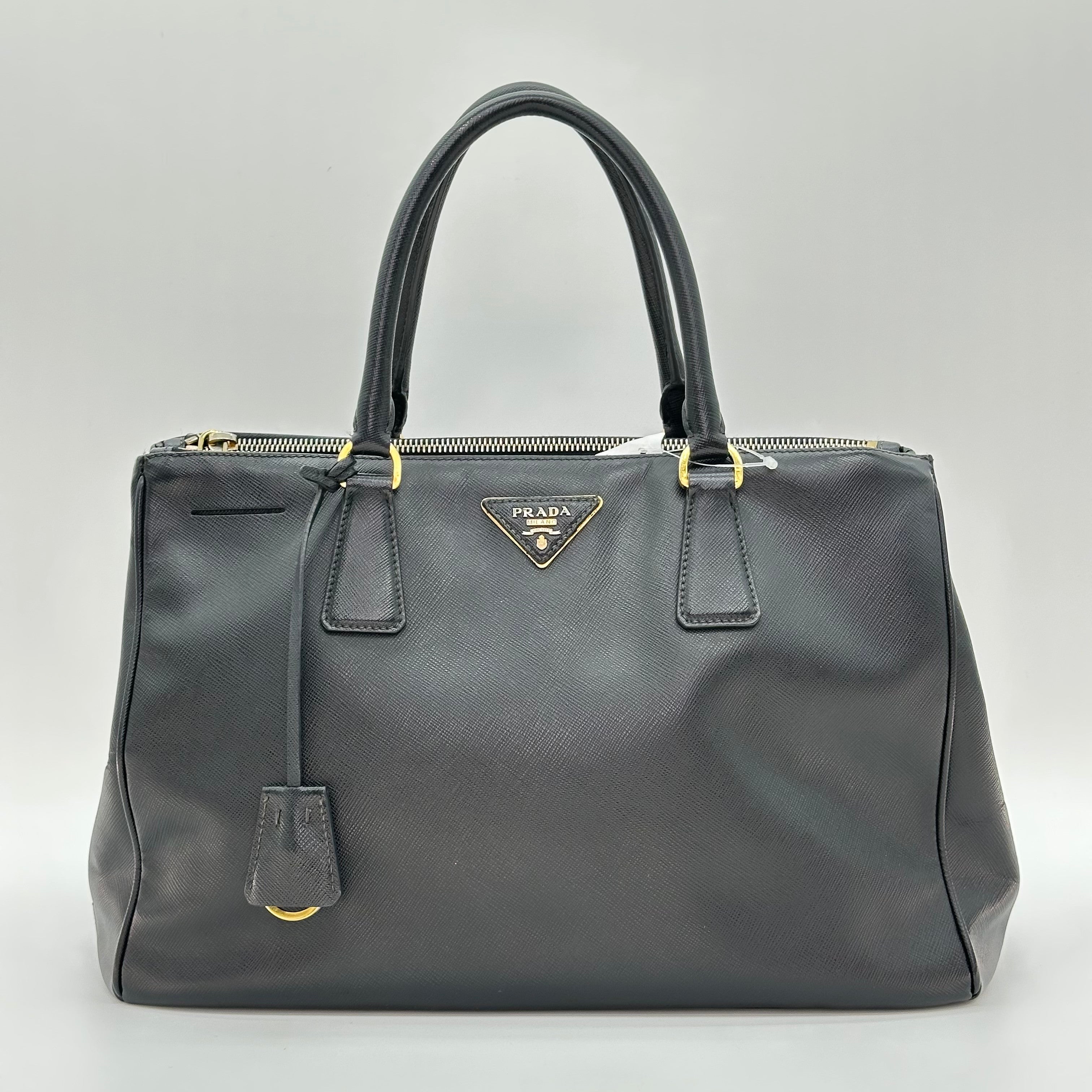 Prada Galleria Saffiano 2Way Handbag Shoulder Bag Black Gold