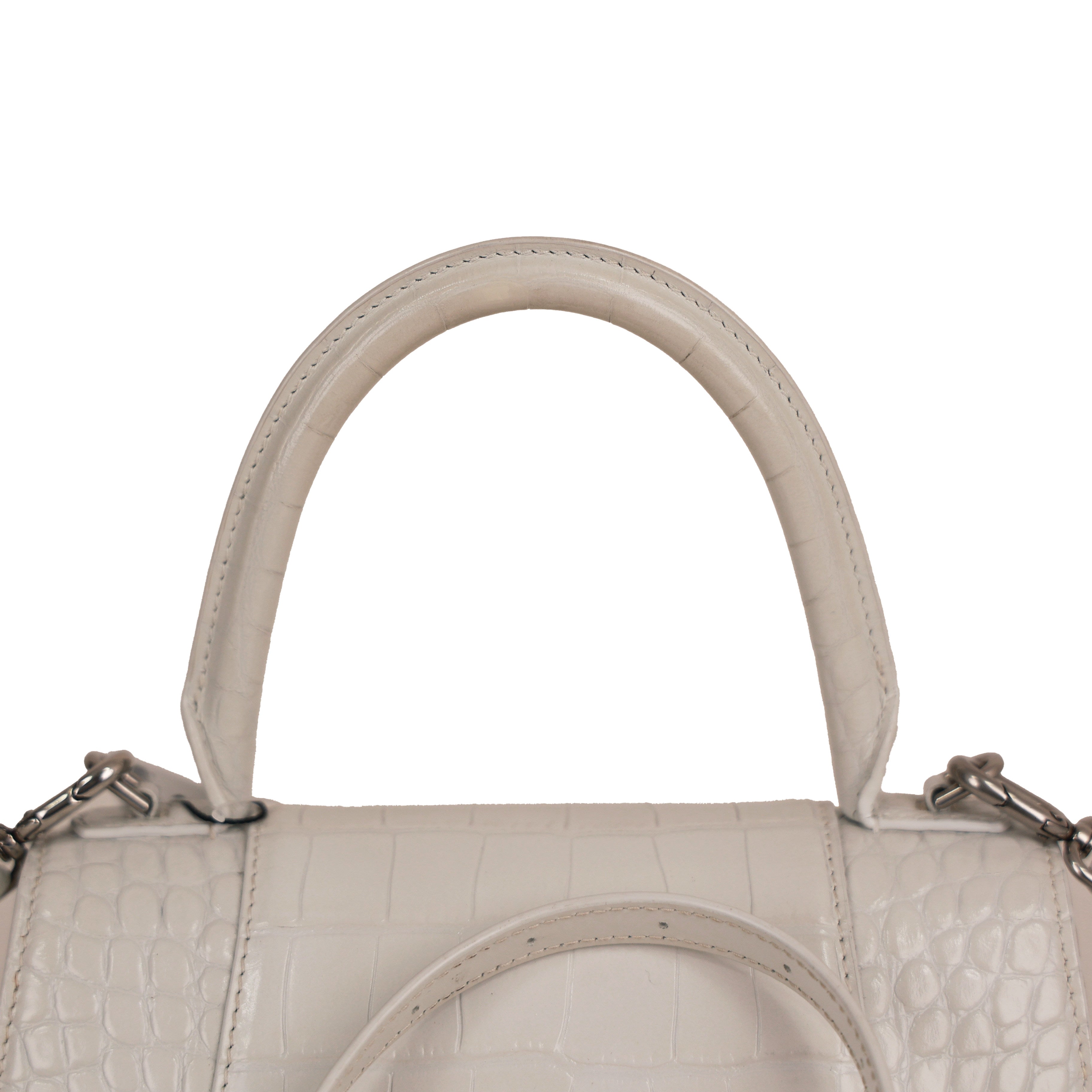 White Croc Embossed Leather Small Hourglass Top Handle Bag w/ Strap