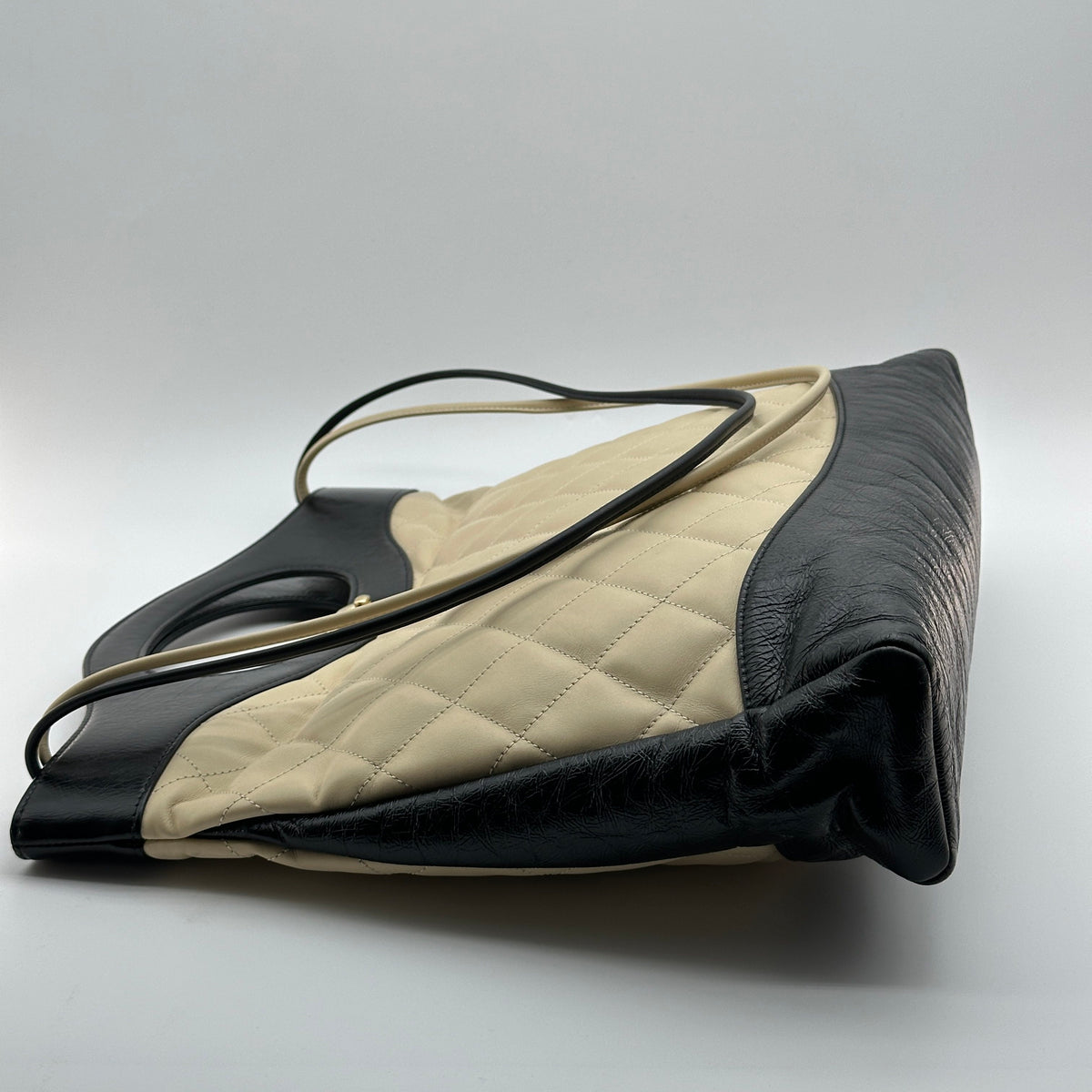Chanel Quilted Beige Black Leather Trim Shoulder Tote Bag
