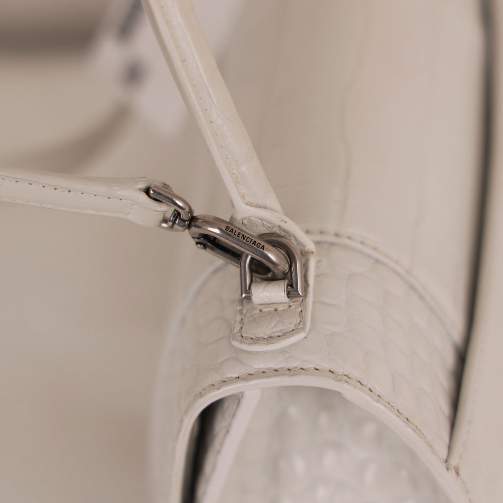White Croc Embossed Leather Small Hourglass Top Handle Bag w/ Strap