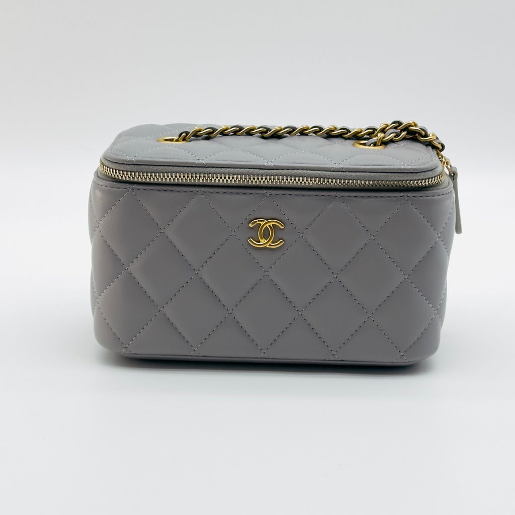 Chanel Quilted Lambskin CC Vanity Case Mini Gray Chain Shoulder Bag
