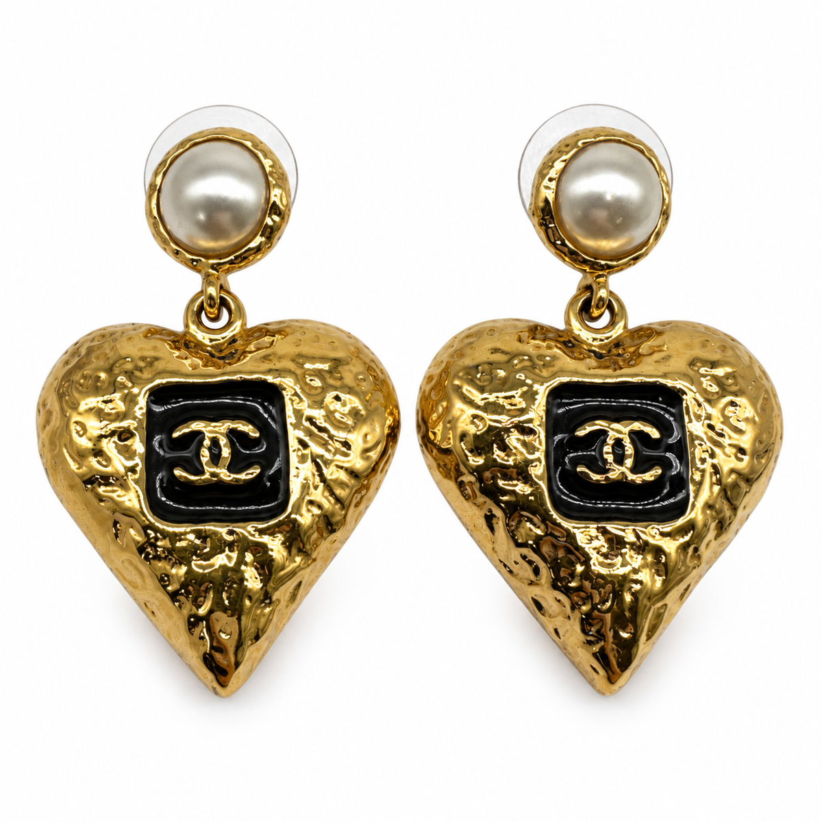 Chanel Gold-Tone Black Enamel CC Logo Faux Pearl Heart Drop Earrings