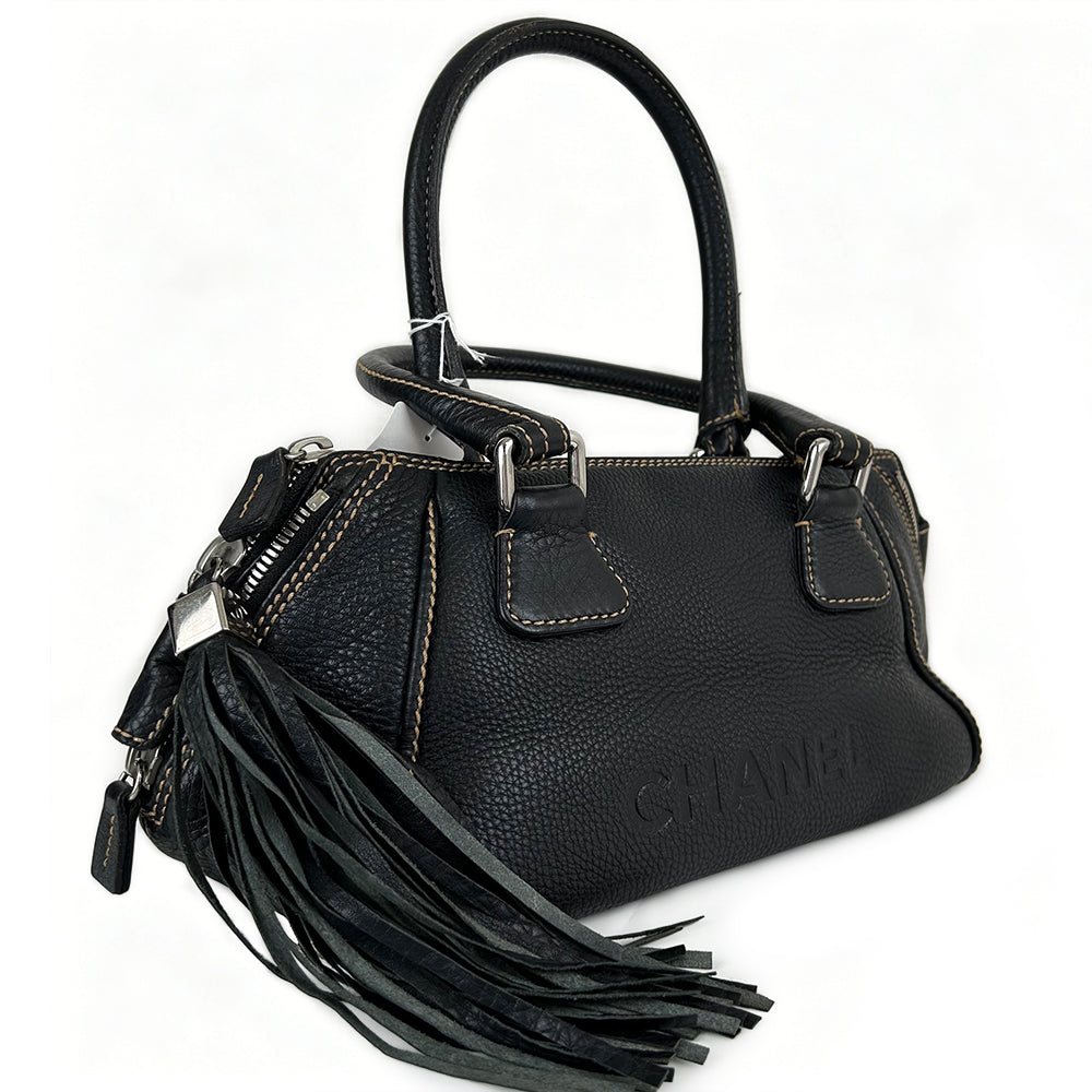 CHANEL Fringe Charm Handbag Mini Boston Bag Logo Embossed Coco Mark Engraved Silver Hardware Leather