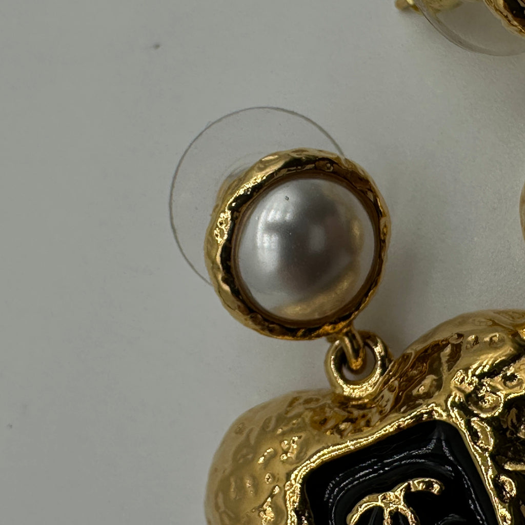 Chanel Gold-Tone Black Enamel CC Logo Faux Pearl Heart Drop Earrings