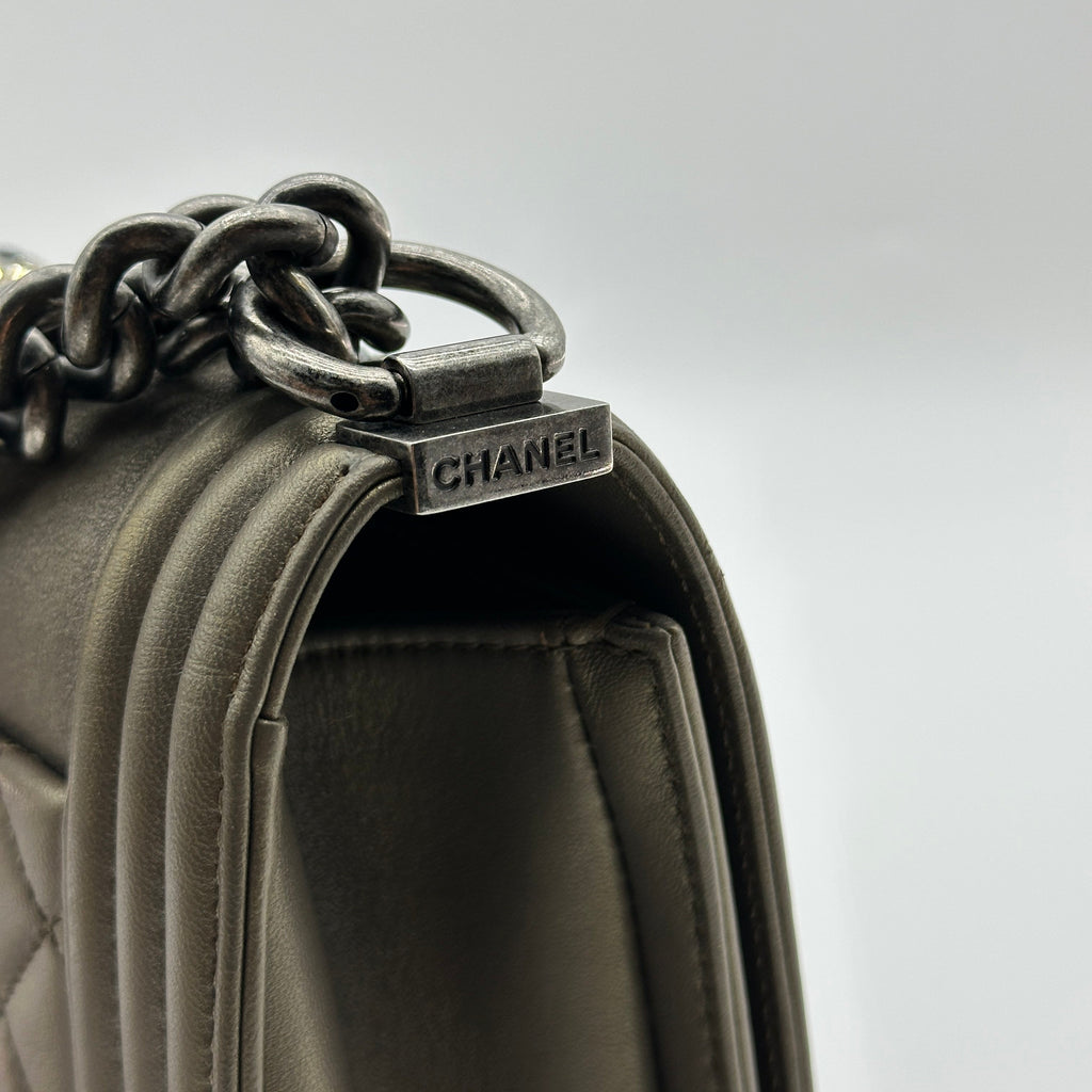 Chanel BOY CHANEL 25 Lambskin x rhinestone Chain Shoulder Bag Brown Gunmetal Fittings 23082107 23XXXXXX A67086