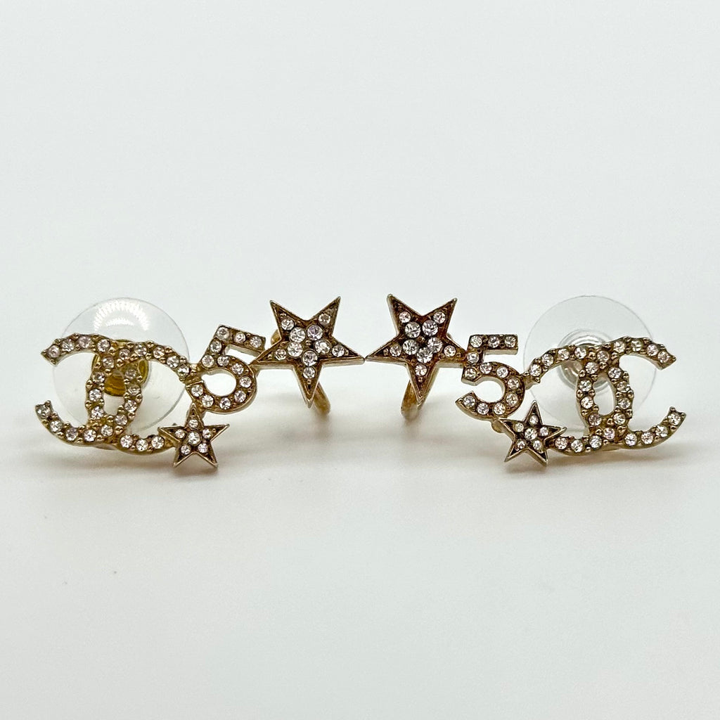 Chanel Star No.5 Rhinestone Stud Earrings Gold