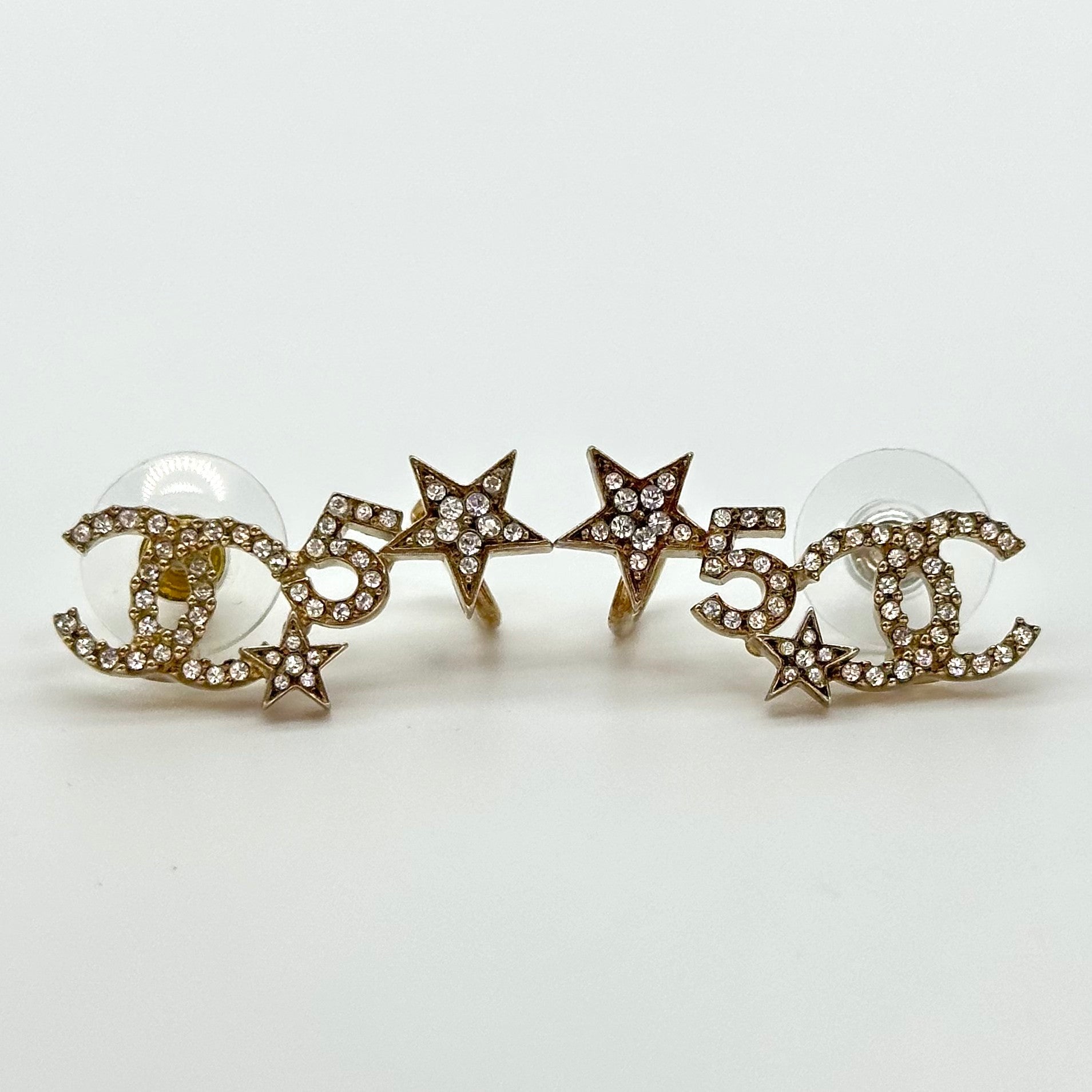 Chanel Star No.5 Rhinestone Stud Earrings Gold