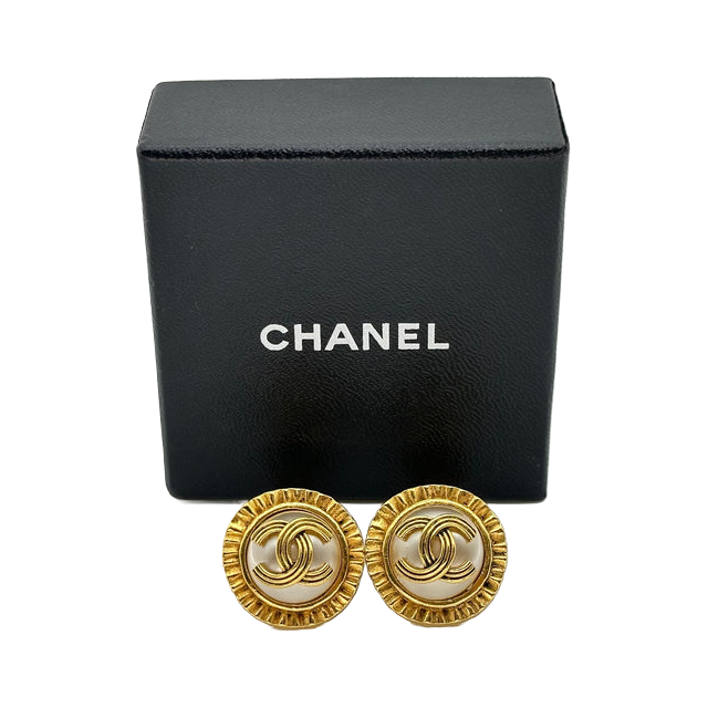 シャネル ヴィンテージ Pearl Clip On イヤリング Twisted Coco Logo Ruffle Edge Round 94A