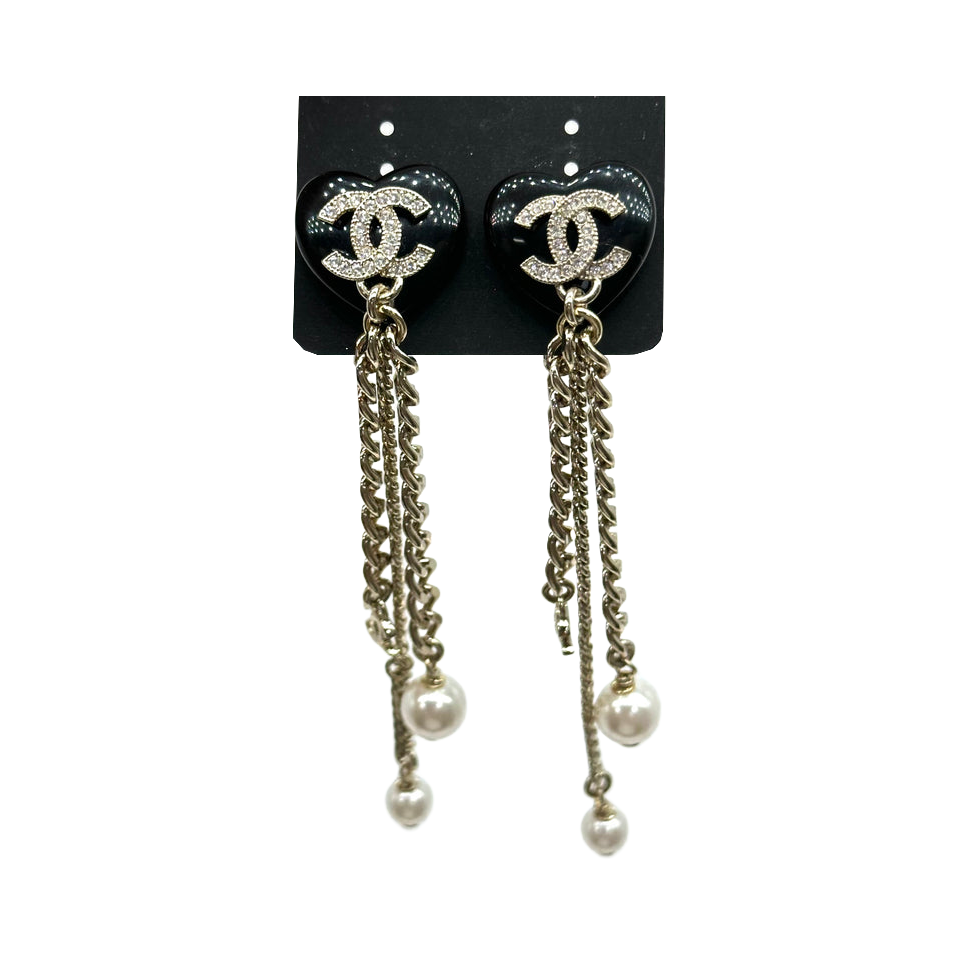 シャネル ブラック Heart Rhinestone Double CC Tassel チェーン Pearl Stud イヤリング