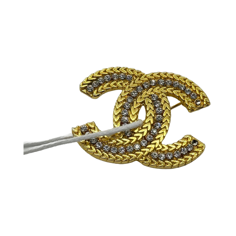 シャネル ゴールド Wheat Trim Rhinestone Double C Logo Brooch