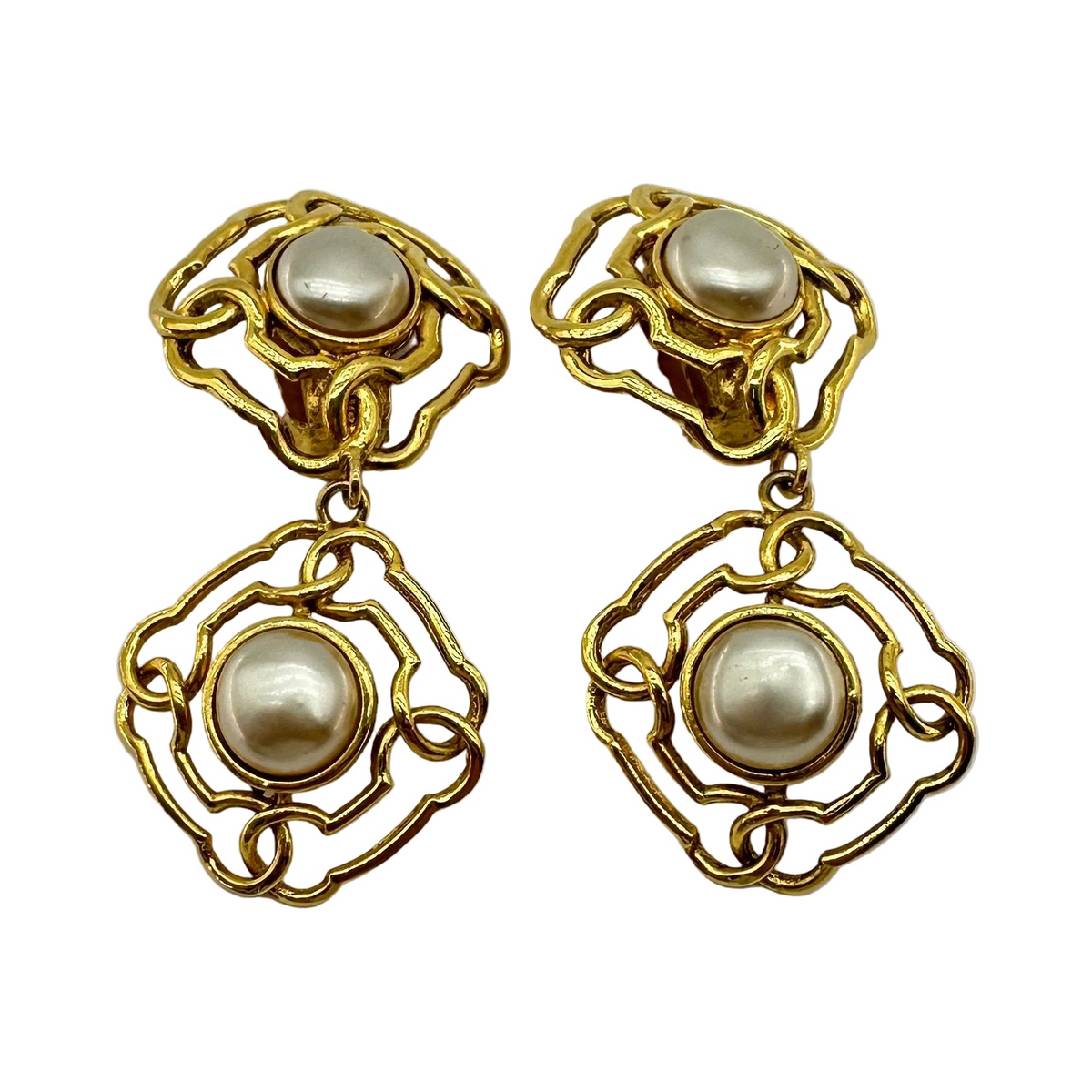 Chanel Faux Pearl Gold-Tone Camellia Drop Earrings