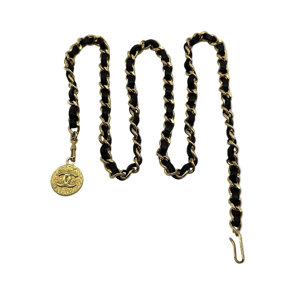 Chanel 1982 CC Medallion Gold-Tone Black Leather Chain Belt