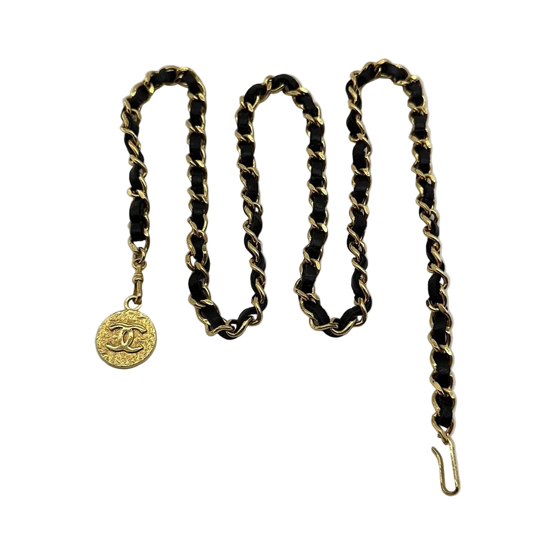 Chanel 1982 CC Medallion Gold-Tone Black Leather Chain Belt