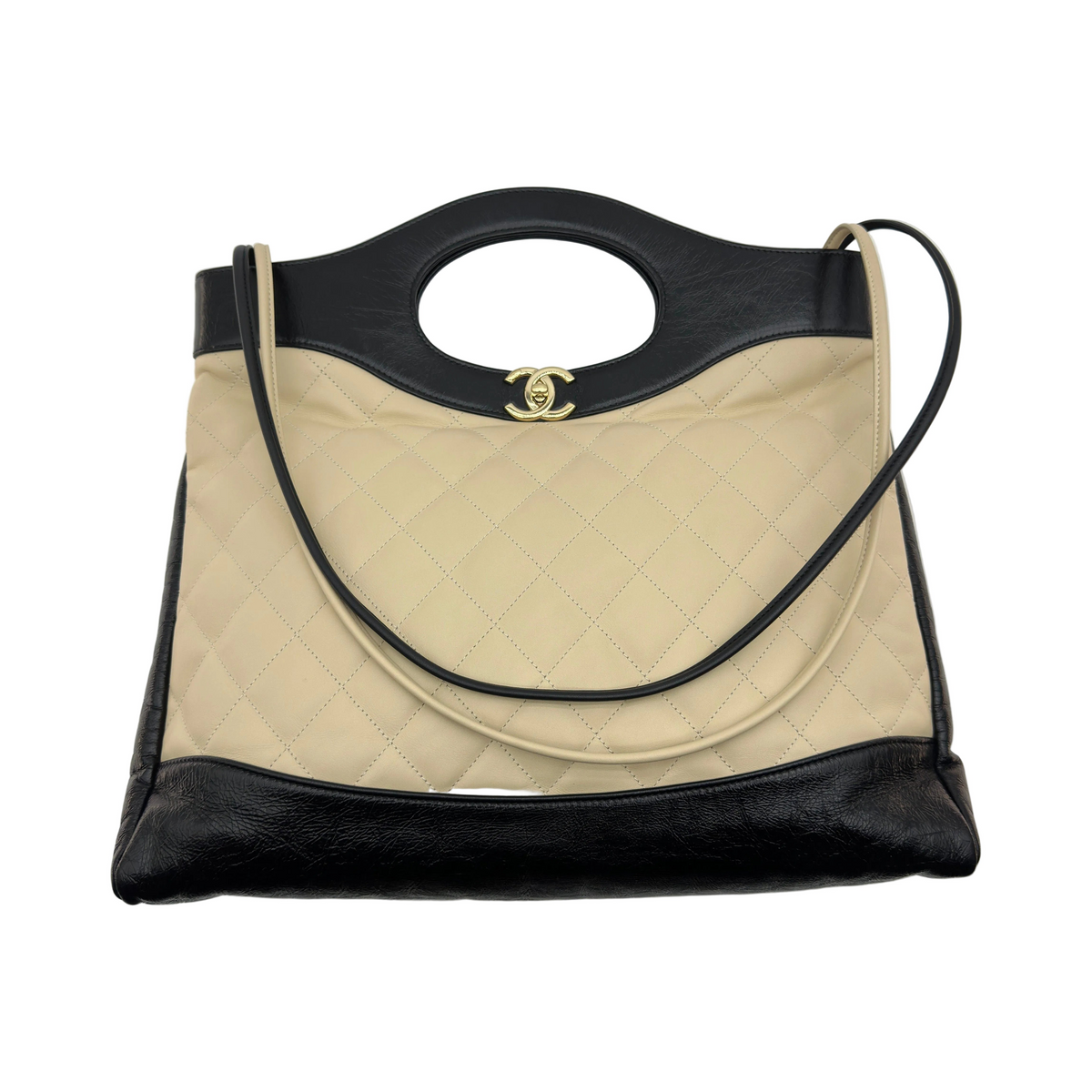 Chanel Quilted Beige Black Leather Trim Shoulder Tote Bag