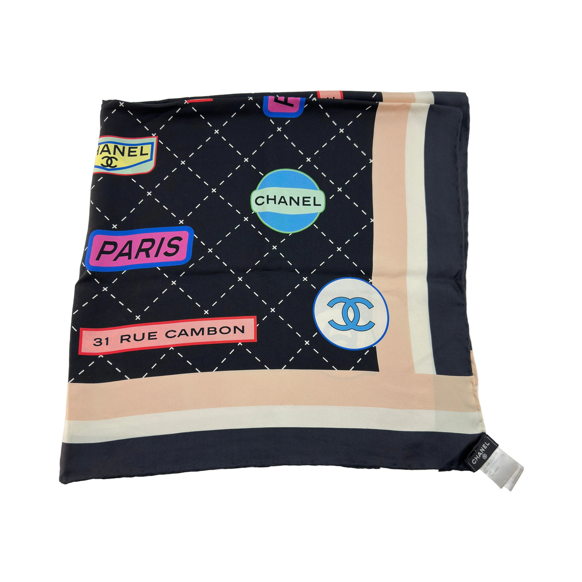 Chanel Paris Labels Print Black Beige Silk Scarf