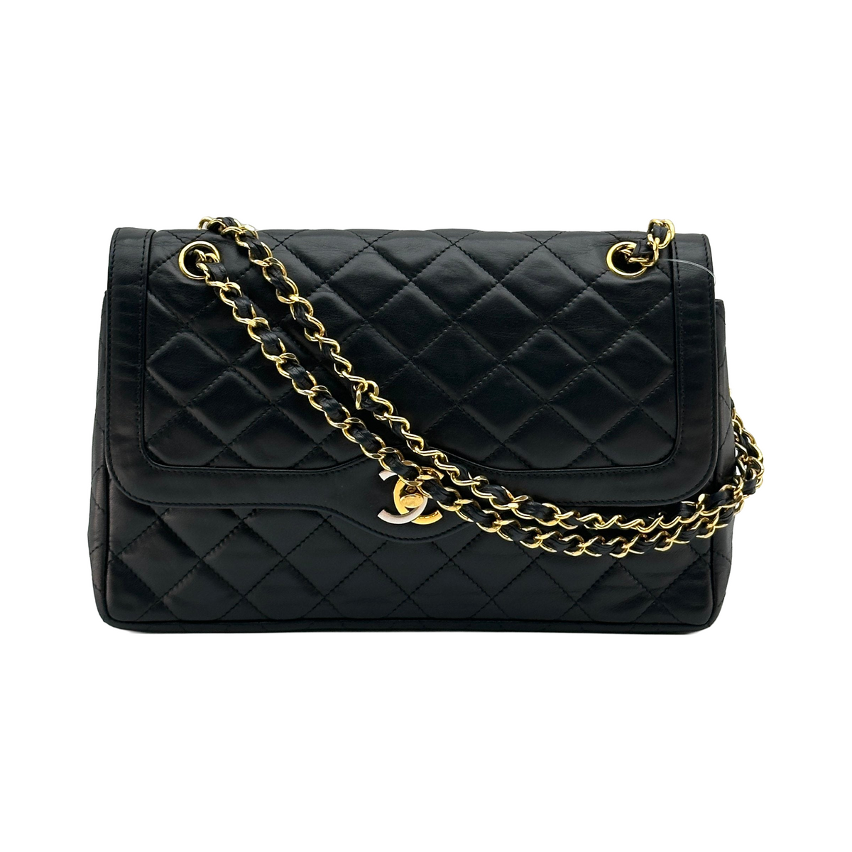 Chanel Matelasse Lambskin Double Flap Double Chain Bag Paris limited Black Gold Metal Fittings 0117900 0 series