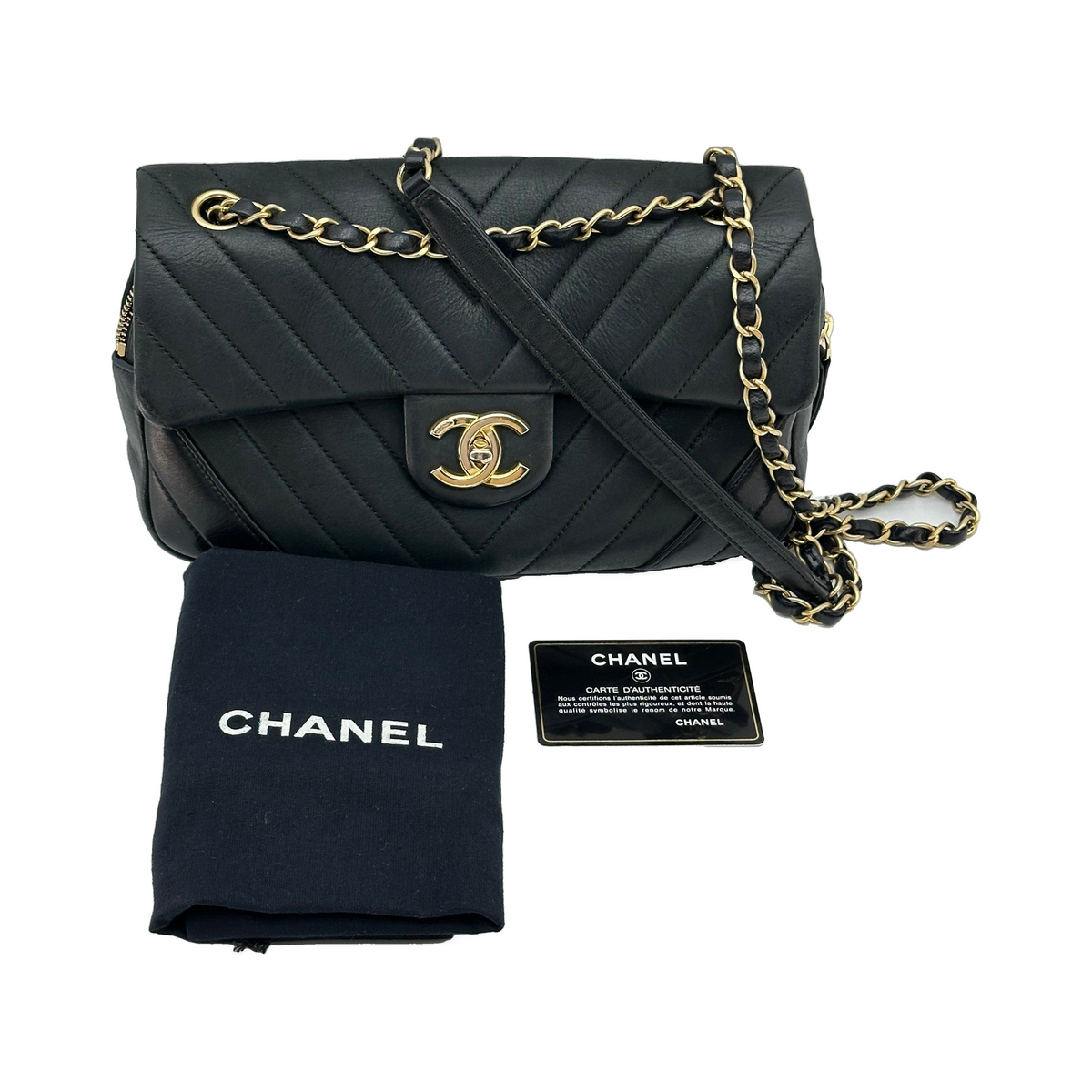 Chanel Chevron Leather x lambskin Single Flap Double Chain Bag V Stitch Black Gold Metal Fittings 21101092 21XXXXXX