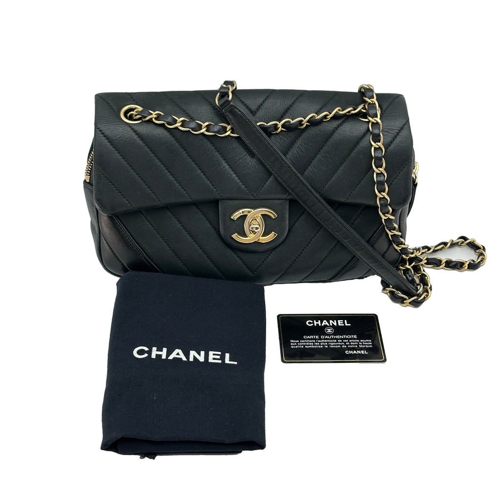Chanel Chevron Leather x lambskin Single Flap Double Chain Bag V Stitch Black Gold Metal Fittings 21101092 21XXXXXX