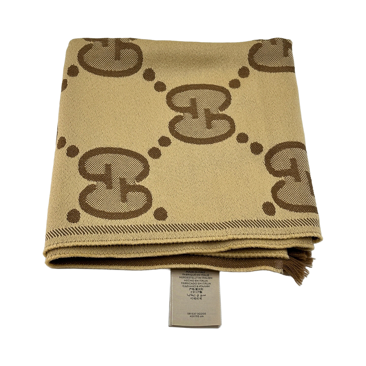 Gucci 581537 GG jacquard Scarf Wool Brown x beige Wears Lint on fabric Creases smells