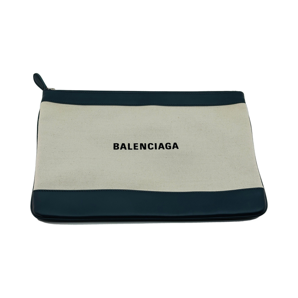 Balenciaga Cotton Canvas and Leather Navy Clip M Beige and Black Clutch Bag