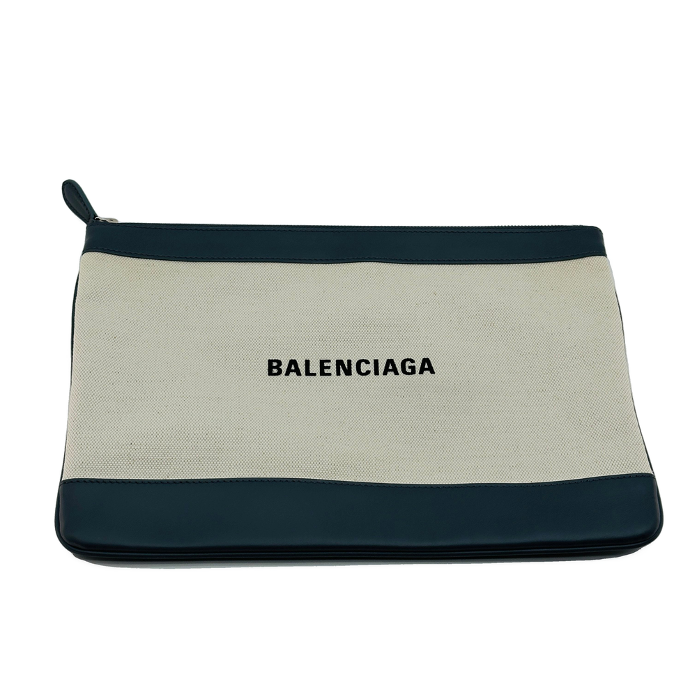 Balenciaga Cotton Canvas and Leather Navy Clip M Beige and Black Clutch Bag