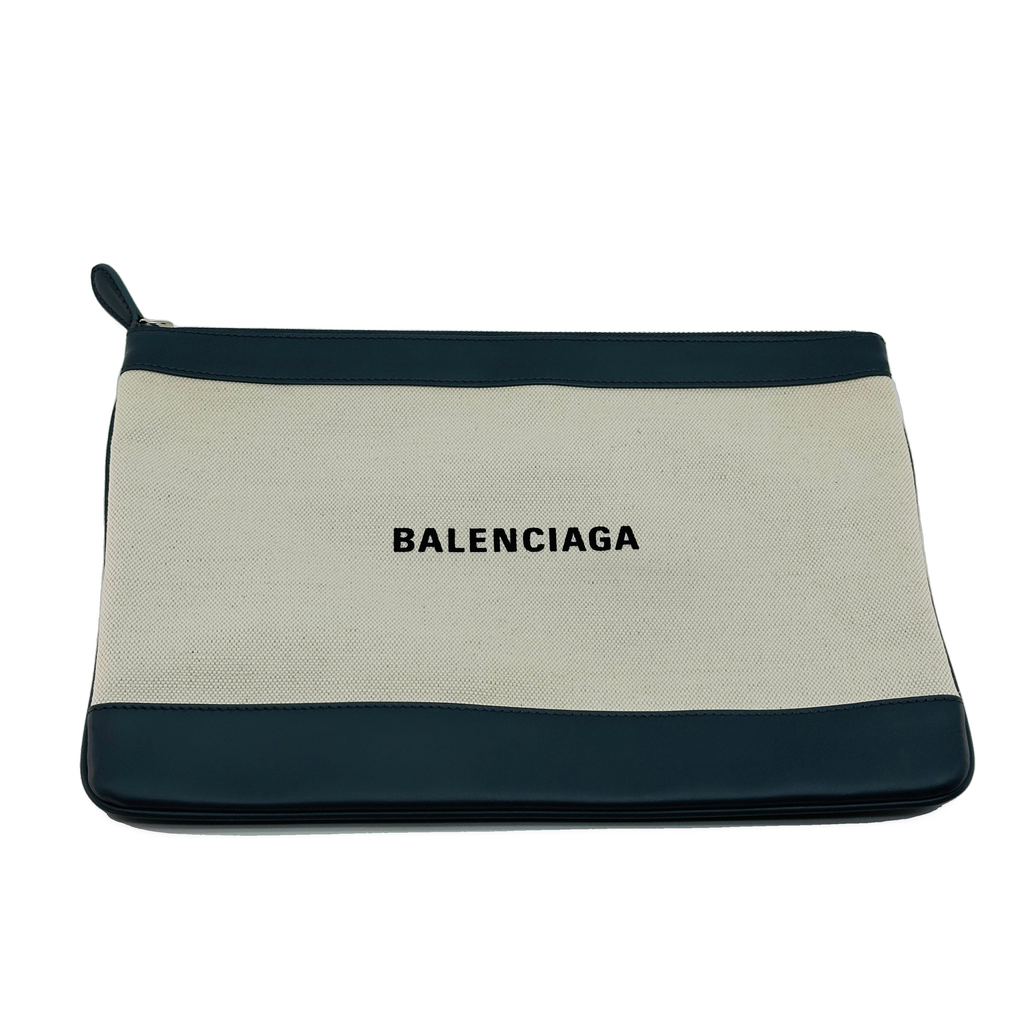 Balenciaga Cotton Canvas and Leather Navy Clip M Beige and Black Clutch Bag