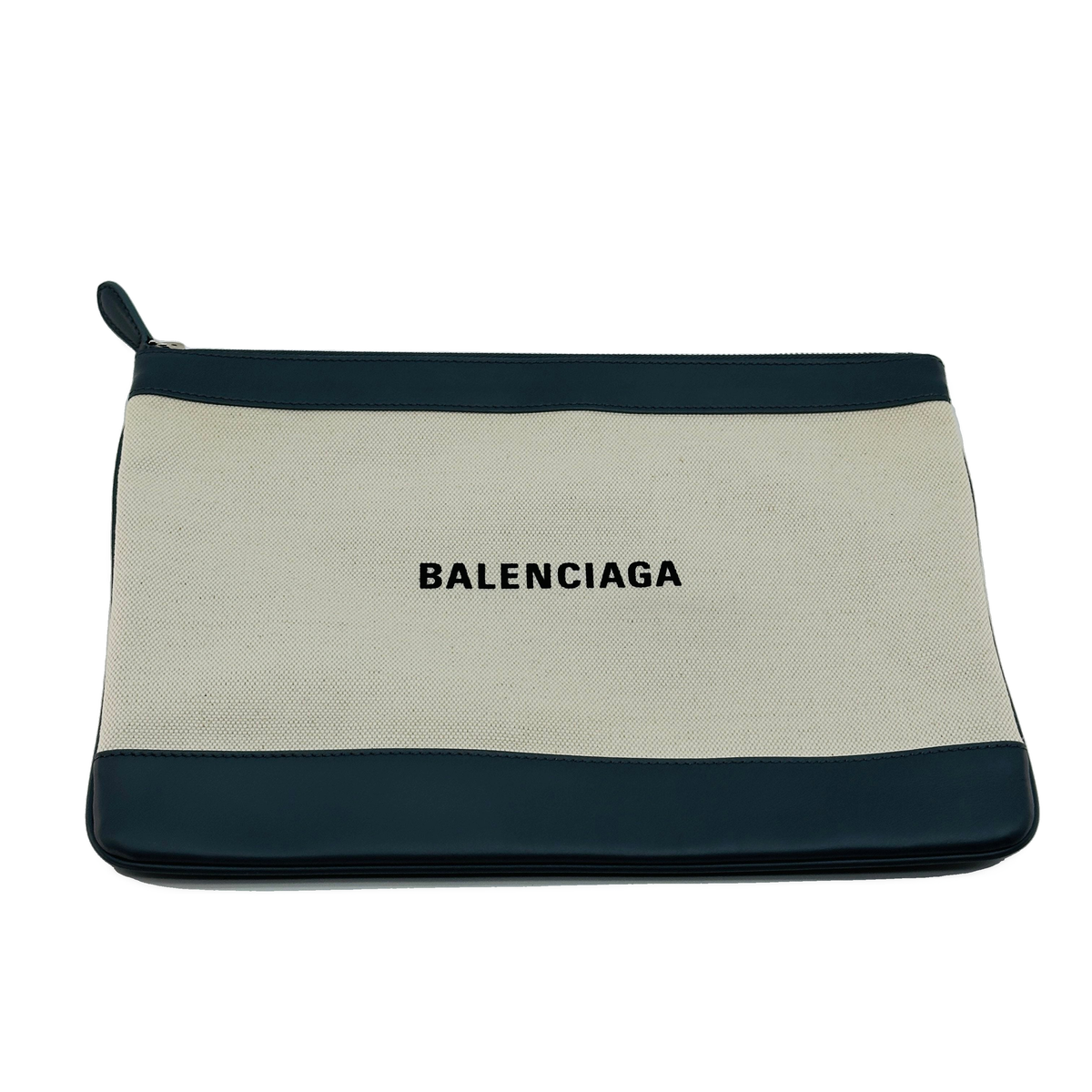 Balenciaga Cotton Canvas and Leather Navy Clip M Beige and Black Clutch Bag