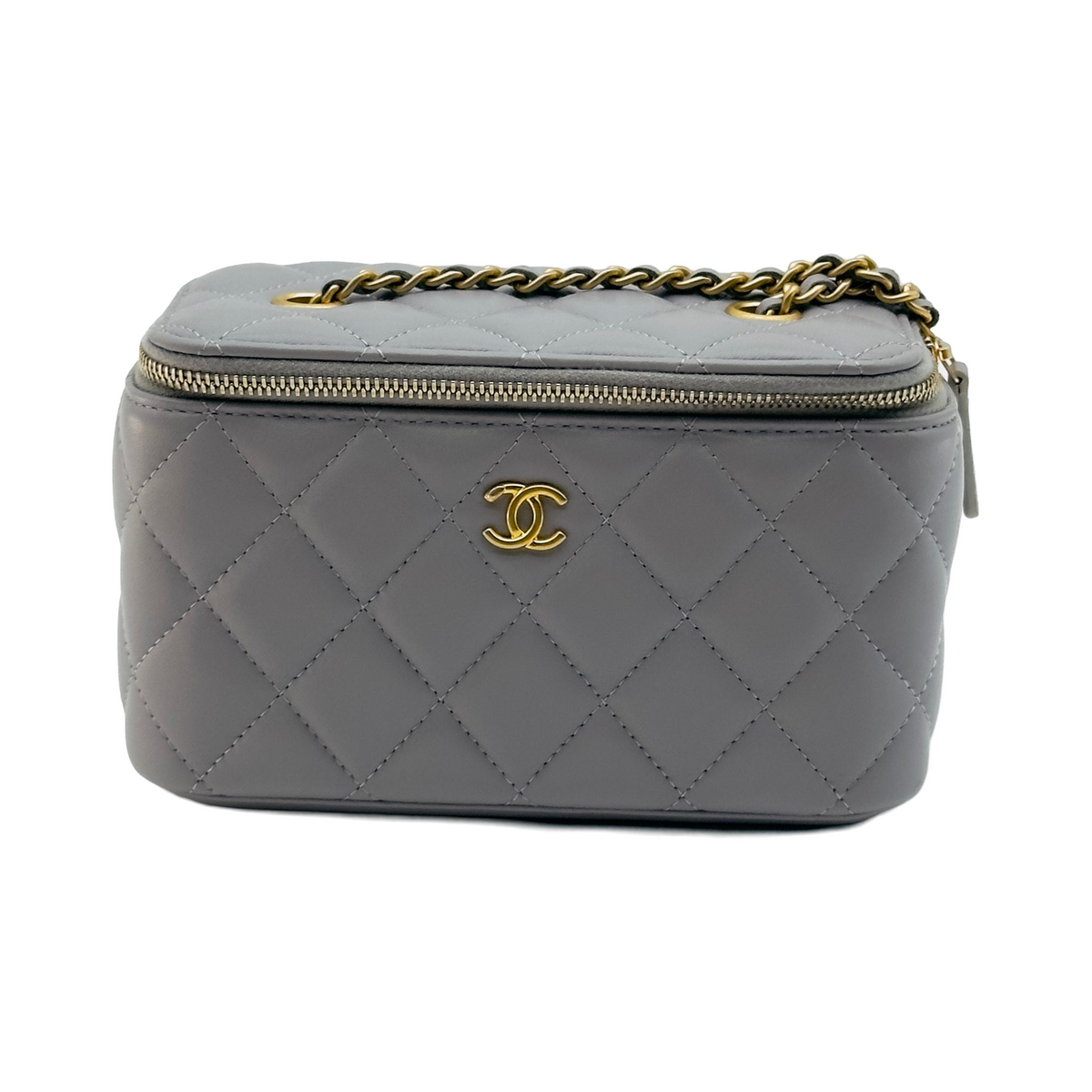 Chanel Quilted Lambskin CC Vanity Case Mini Gray Chain Shoulder Bag
