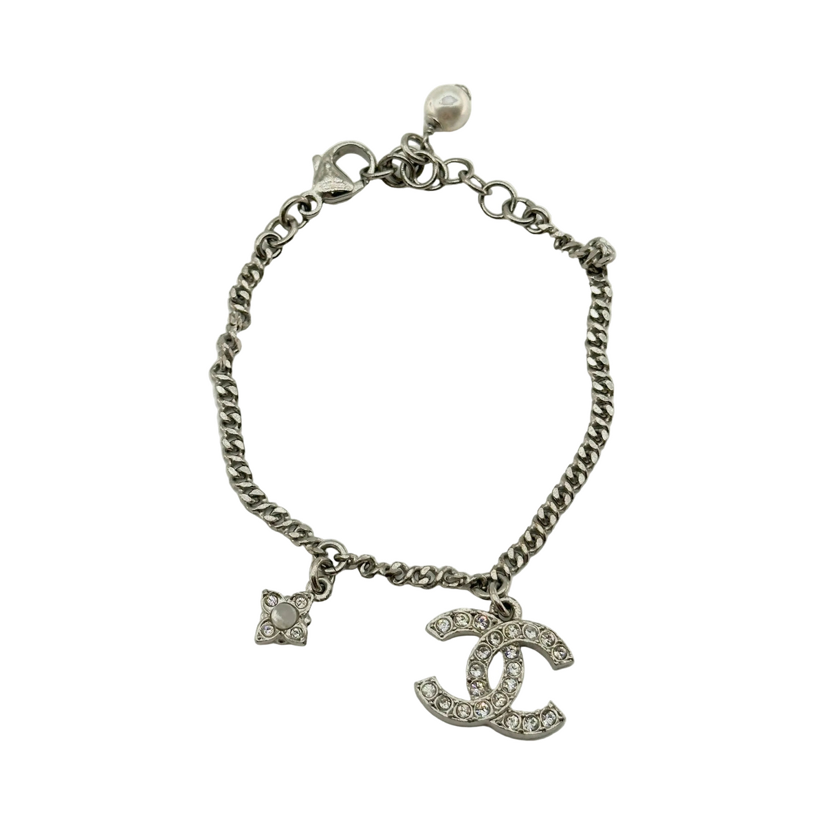 Chanel Metal Rhinestone and Faux Pearl CC Logo C22P One Size Silver Charm Bracelet