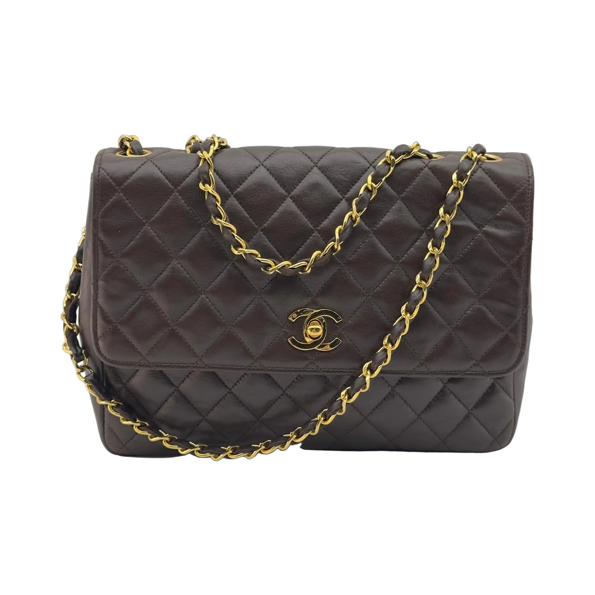 Chanel Quilted Caviar Leather Classic Flap Medium Brown Chain Shoulder Bag