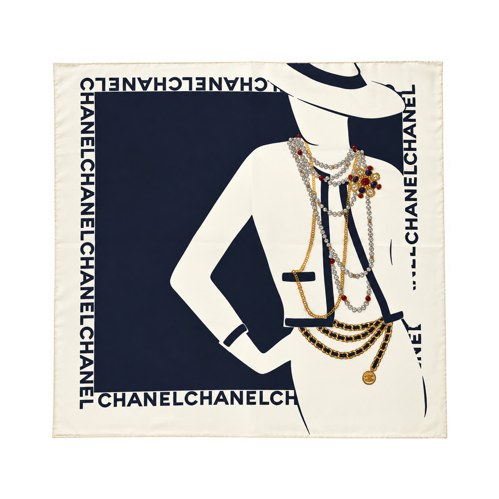 Chanel Mademoiselle Print Silk Blue White Scarf