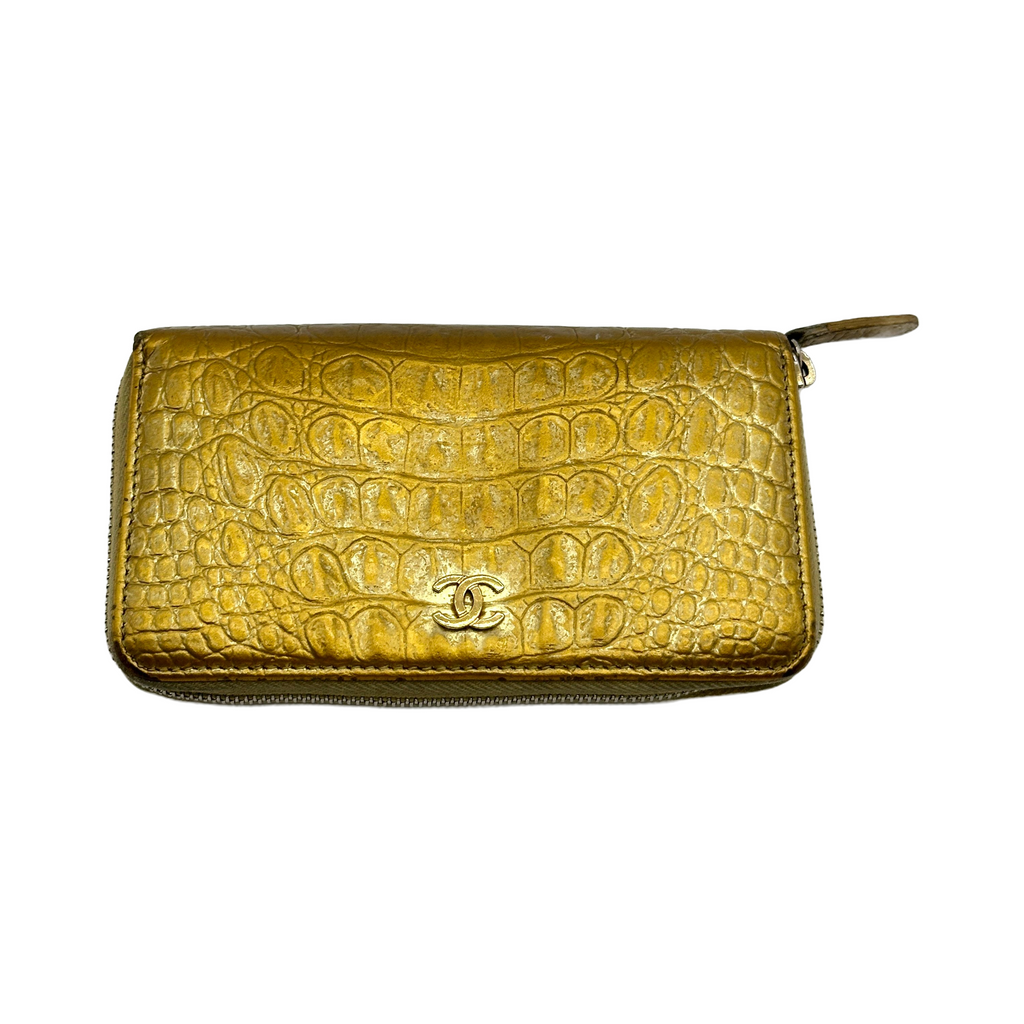 Chanel Crocodile Leather Coco Mark Gold Zip-Around Wallet