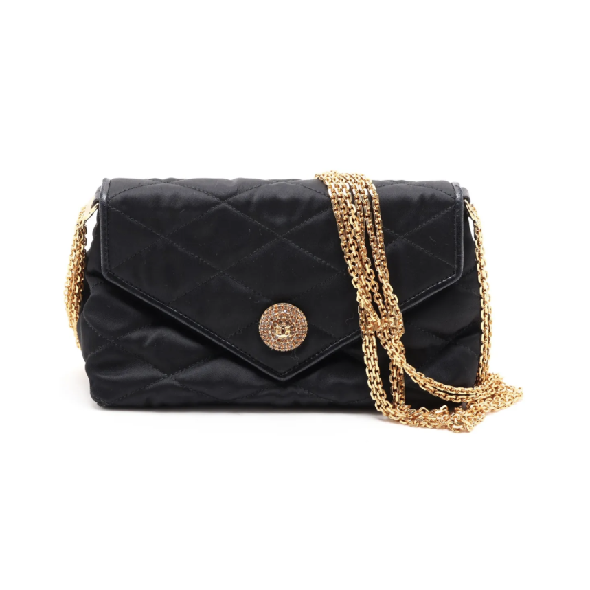 Chanel Matelasse Satin Chain Shoulder Bag Black Gold Metal Fittings