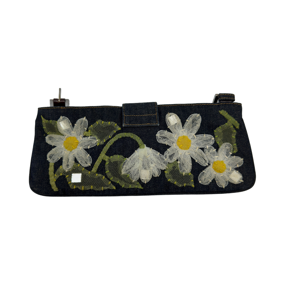 Fendi Floral Embroidered Canvas Mamma Baguette Black Shoulder Bag