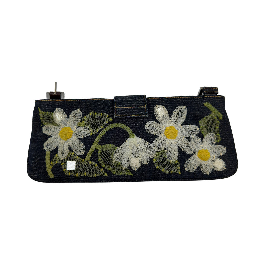 Fendi Floral Embroidered Canvas Mamma Baguette Black Shoulder Bag