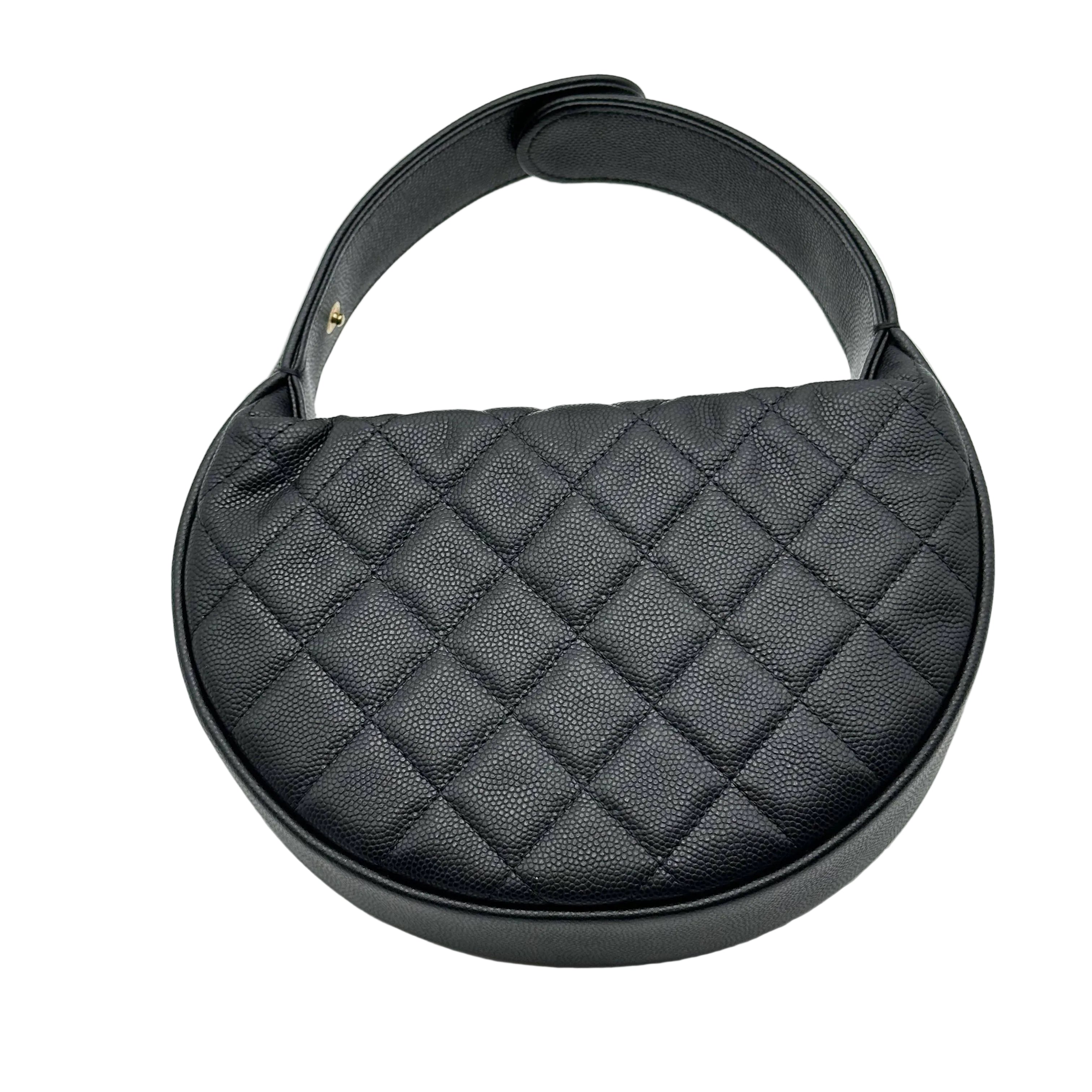 Chanel Mini Round Hobo Pouch Bag Black Shiny Caviar Mixed Metal Hardware RFID