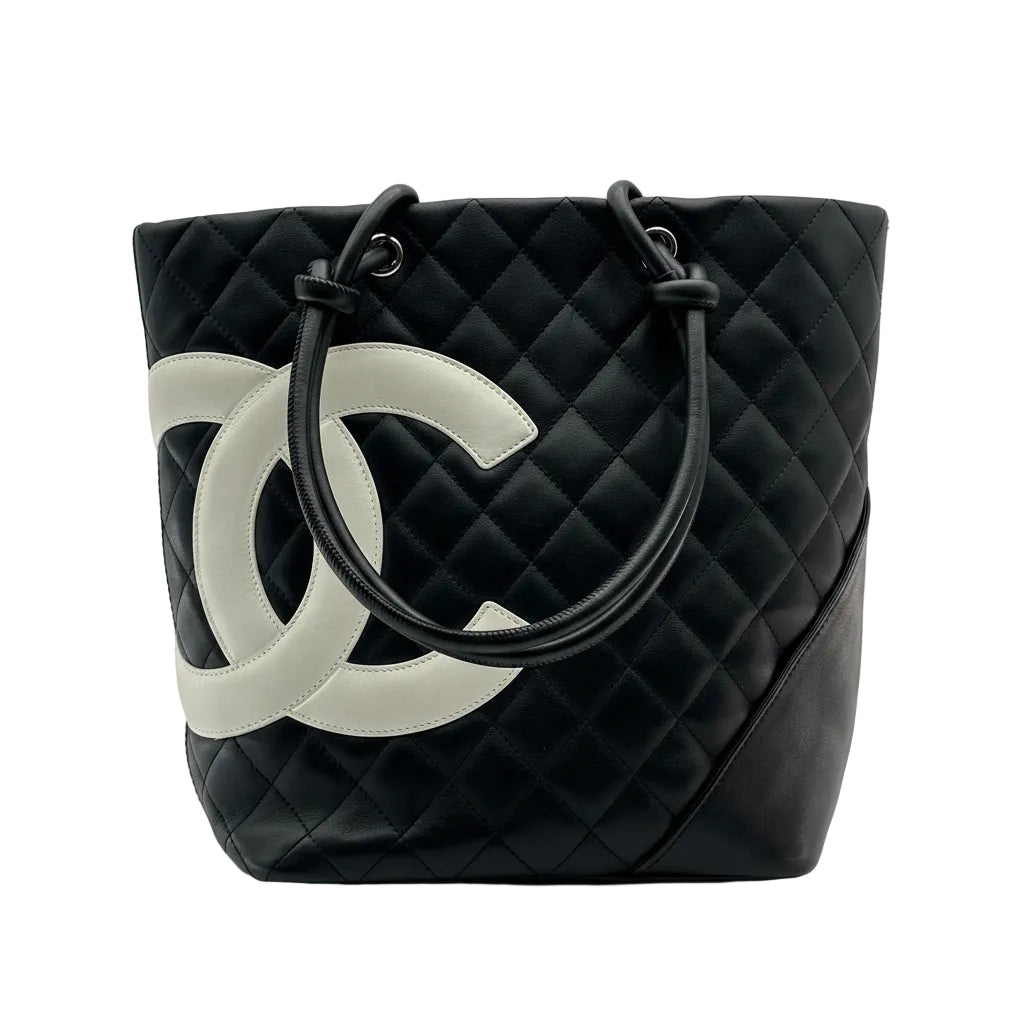 Chanel Cambon Line Lambskin Tote bag Black × White Silver Metal Fittings