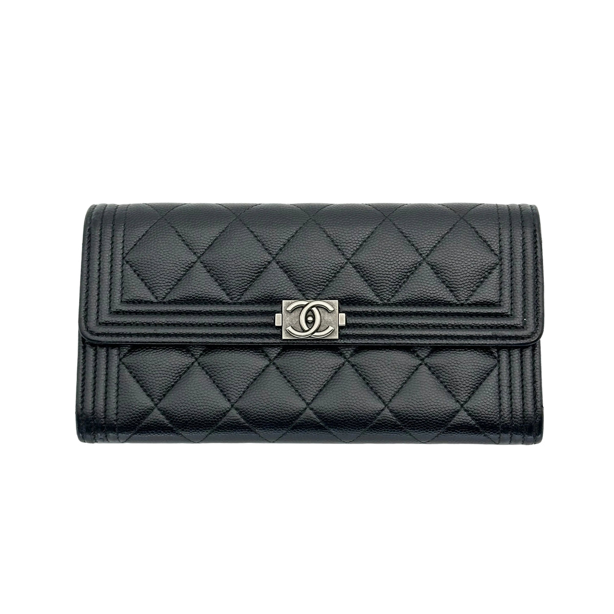 Chanel Boy Gusset Flap Wallet, große Geldbörse aus gestepptem Caviar-Leder, Schwarz
