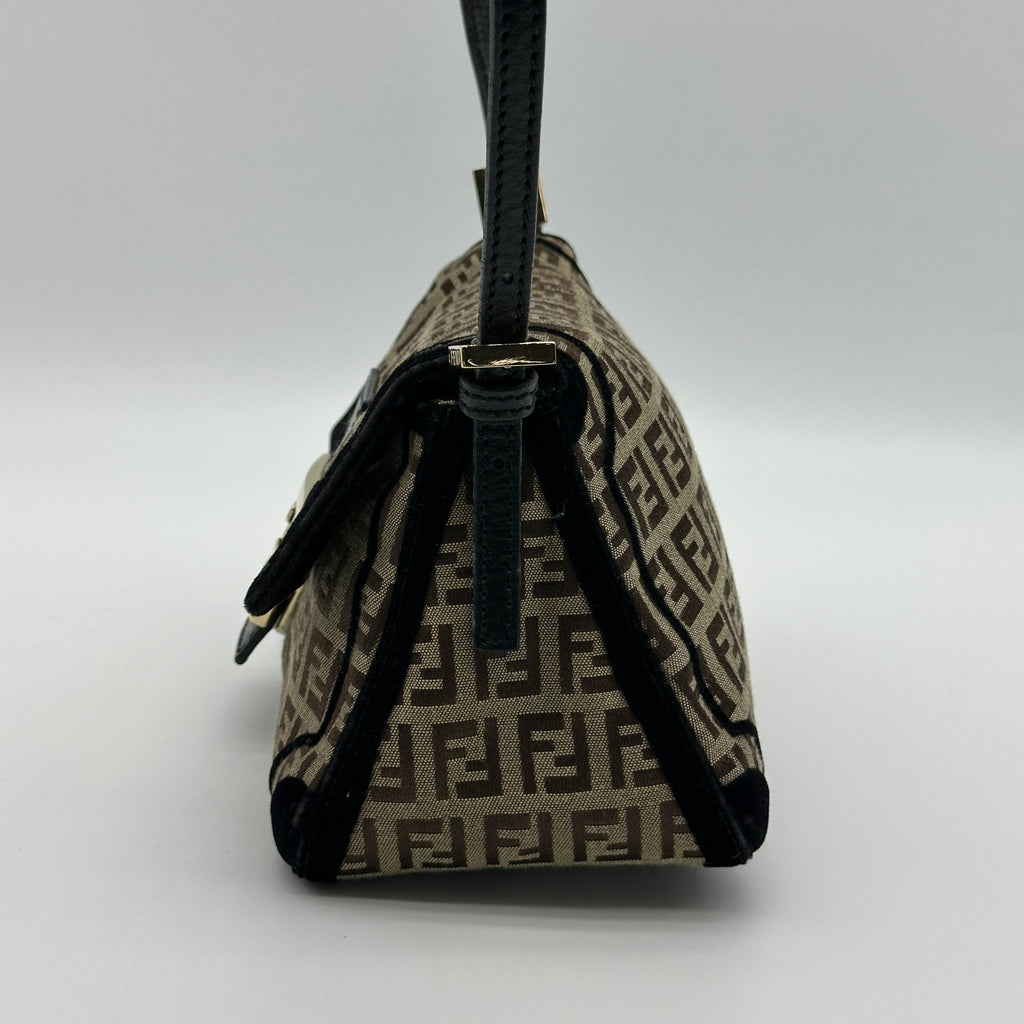 Fendi Zucchino Canvas Mamma Baguette Brown Shoulder Bag