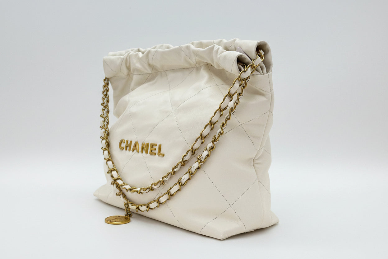 CHANEL 22 Small AS3260 Shiny Calfskin White Gold Hardware Chain Shoulder Bag