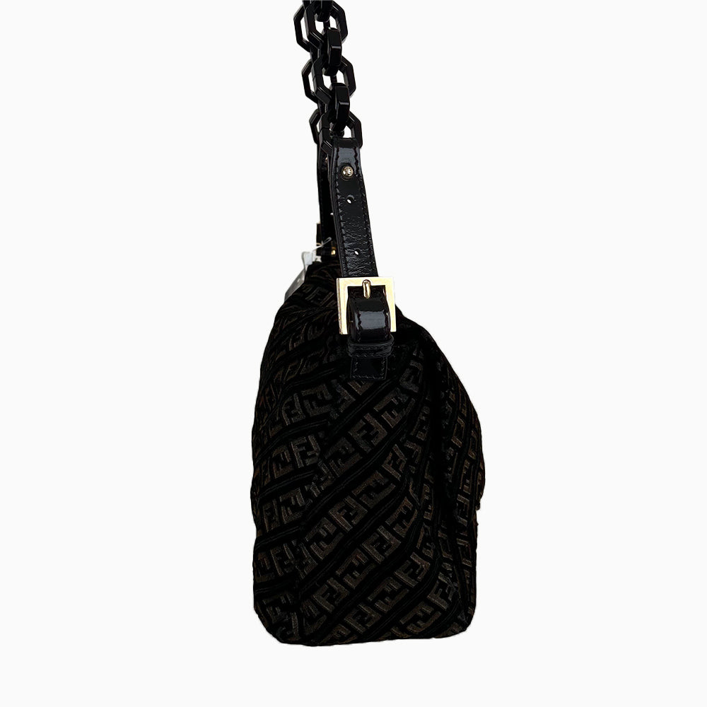 Fendi Black Velvet Baguette Bag Gold Hardware Acrylic Chain