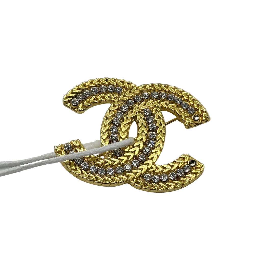 Chanel Gold Wheat Trim Rhinestone Double C Logo Brooch
