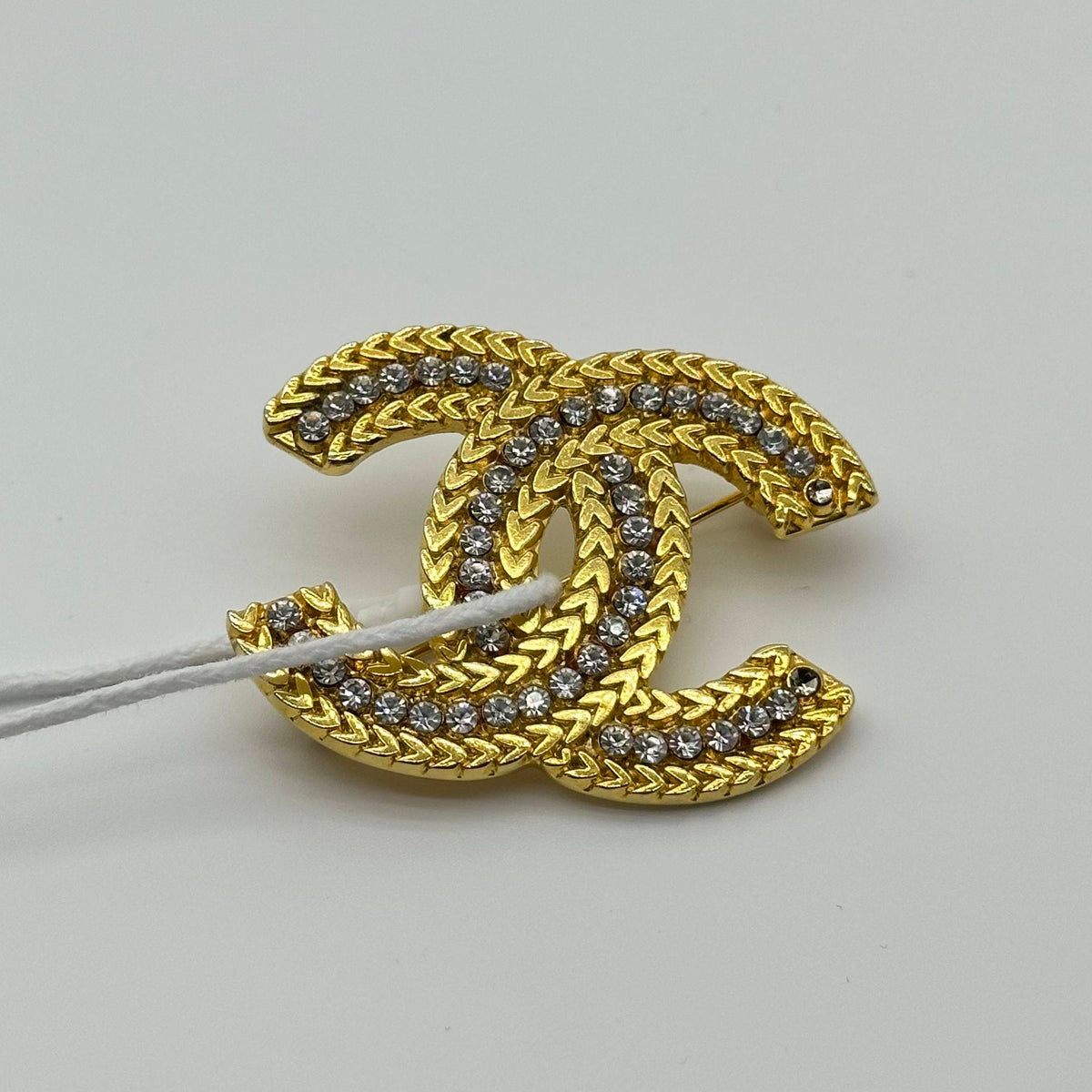 Chanel Gold Wheat Trim Rhinestone Double C Logo Brooch