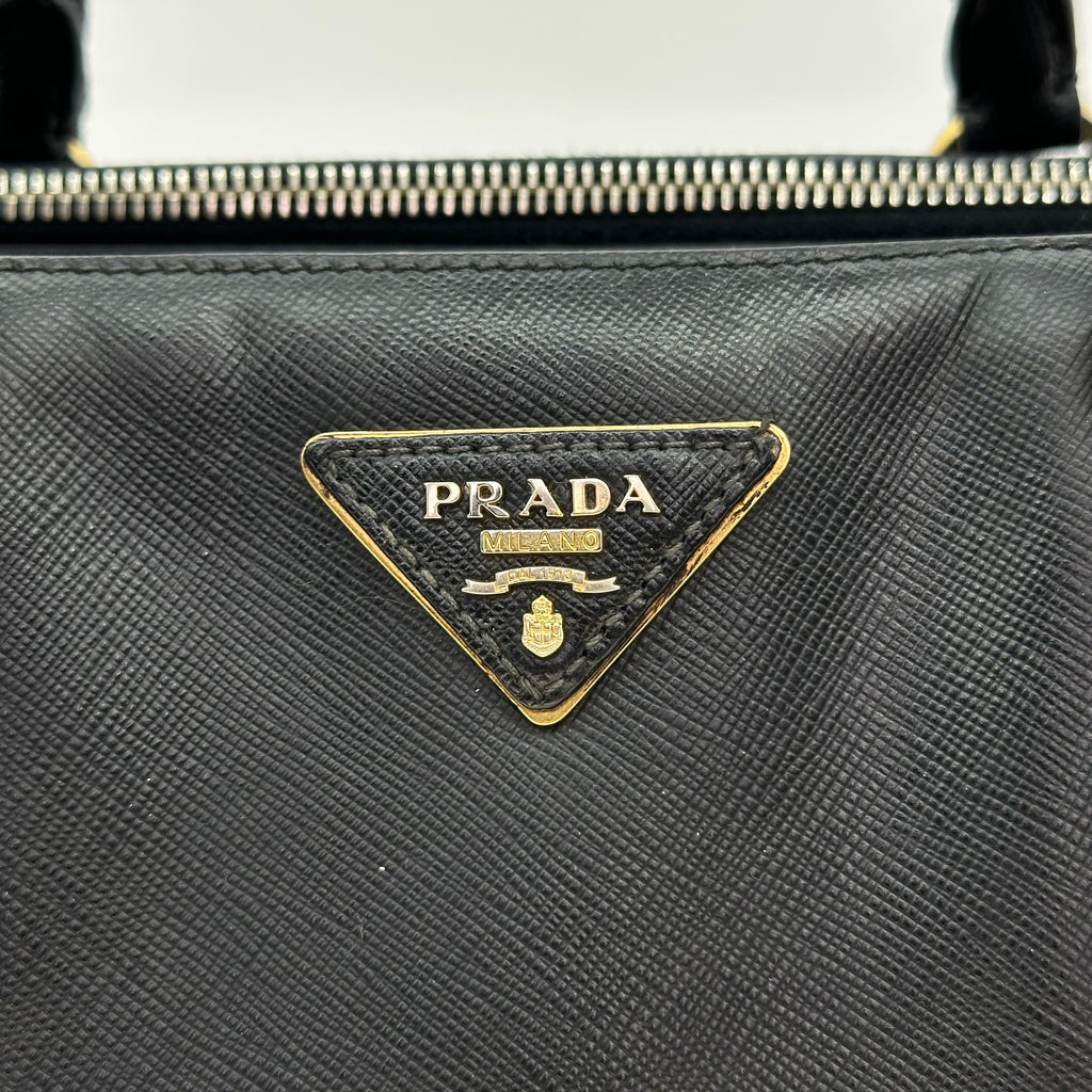Prada Galleria Saffiano 2Way Handbag Shoulder Bag Black Gold