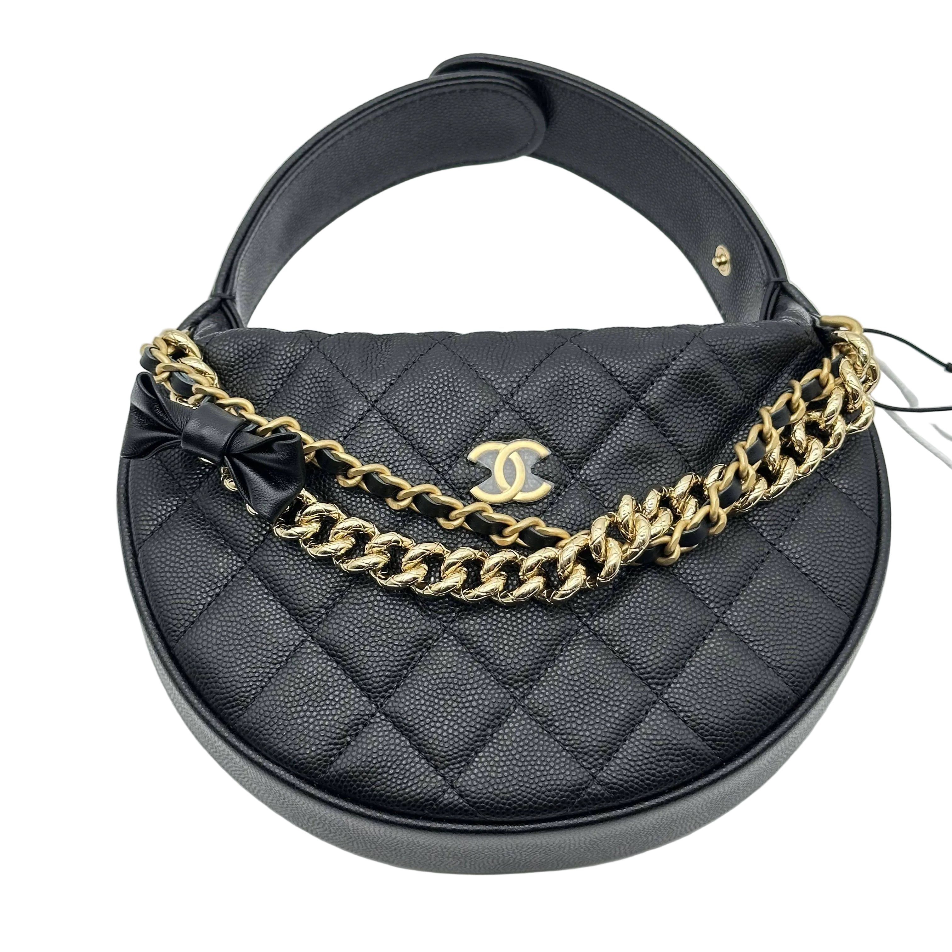 Chanel Mini Round Hobo Pouch Bag Black Shiny Caviar Mixed Metal Hardware RFID