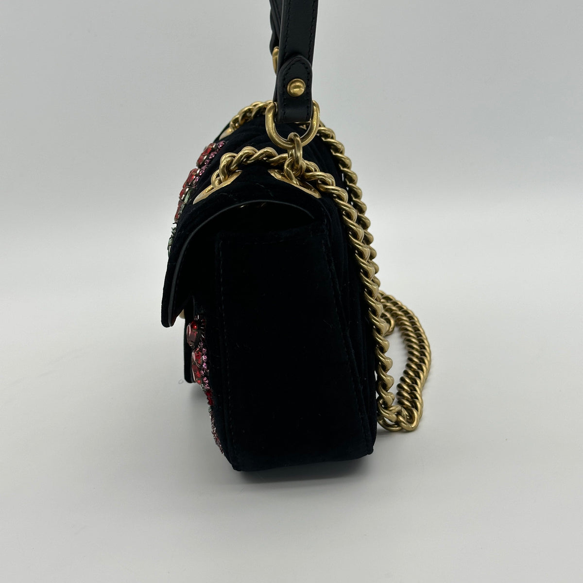 Gucci GG Marmont Floral Embroidered Velvet Black Shoulder Bag