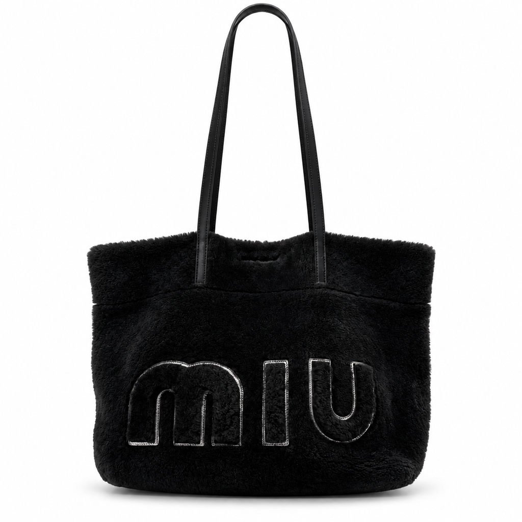 MiuMiu Vintage Tote Mouton Tote Bag Shearling Shoulder Bag Black Includes a Pouch