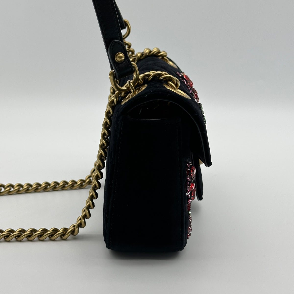 Gucci GG Marmont Floral Embroidered Velvet Black Shoulder Bag