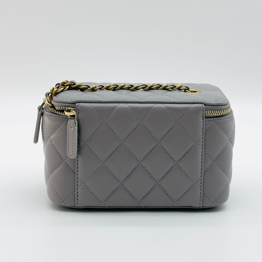 Chanel Quilted Lambskin CC Vanity Case Mini Gray Chain Shoulder Bag